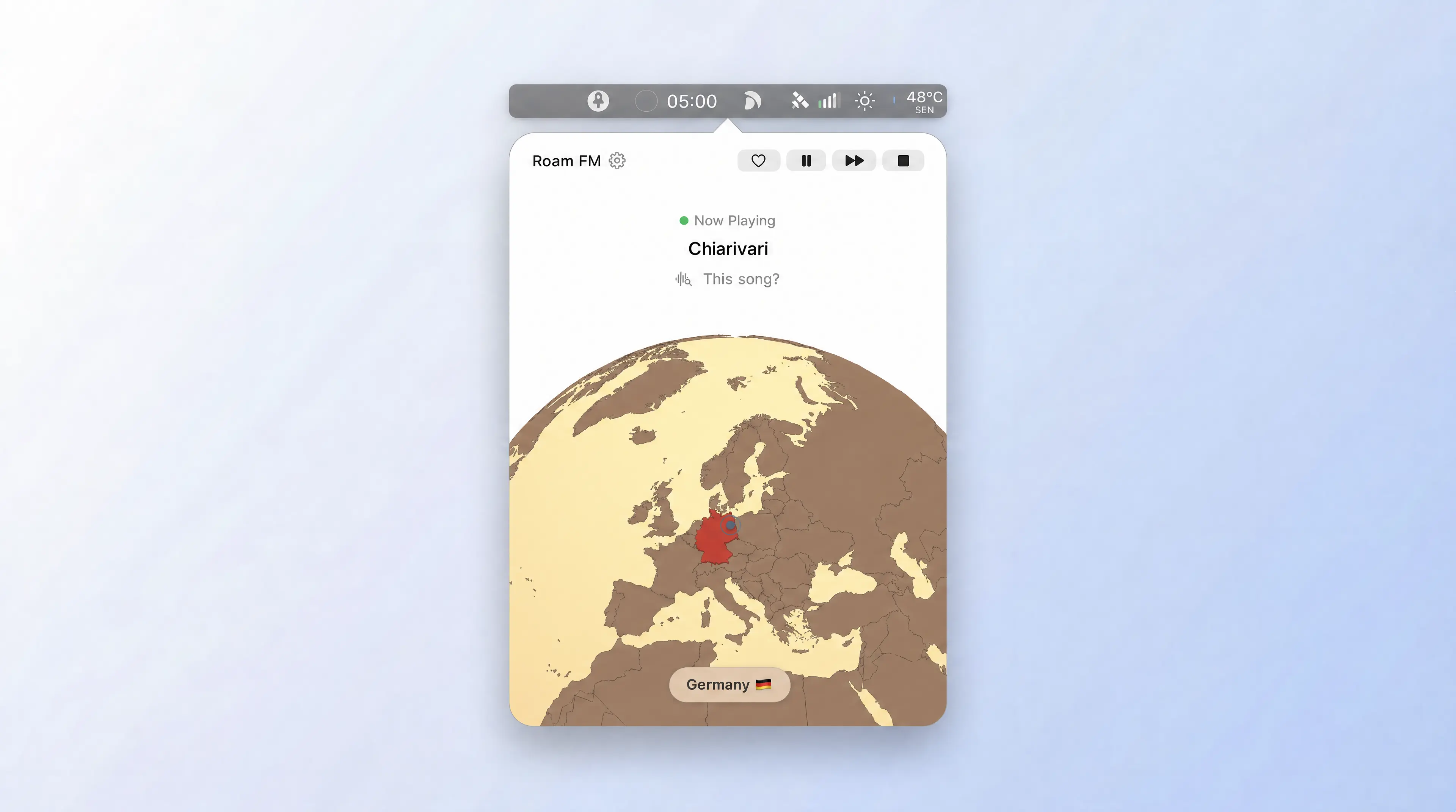 Roam FM map view showing German radio stations