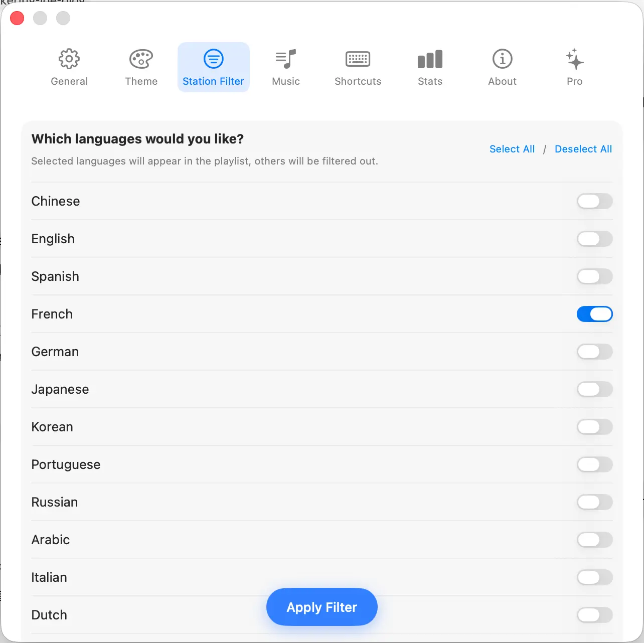 Roam FM Station Filter set to German