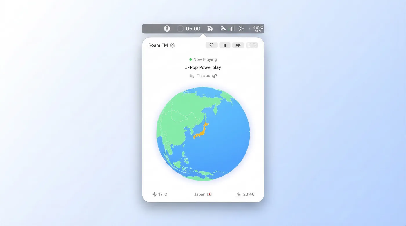 Roam FM in the Mac menu bar