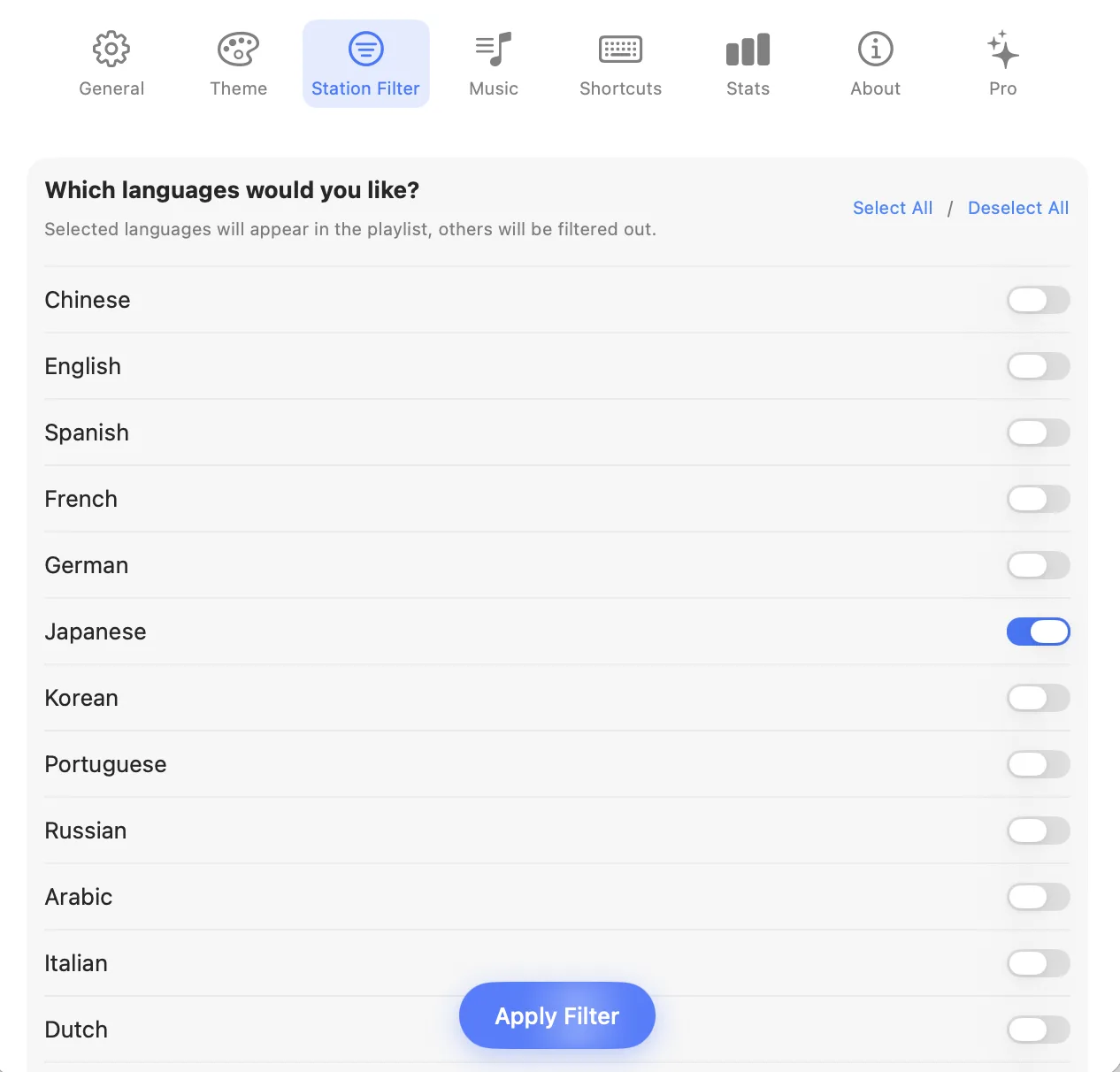 Station Filter set to Japanese in Roam FM