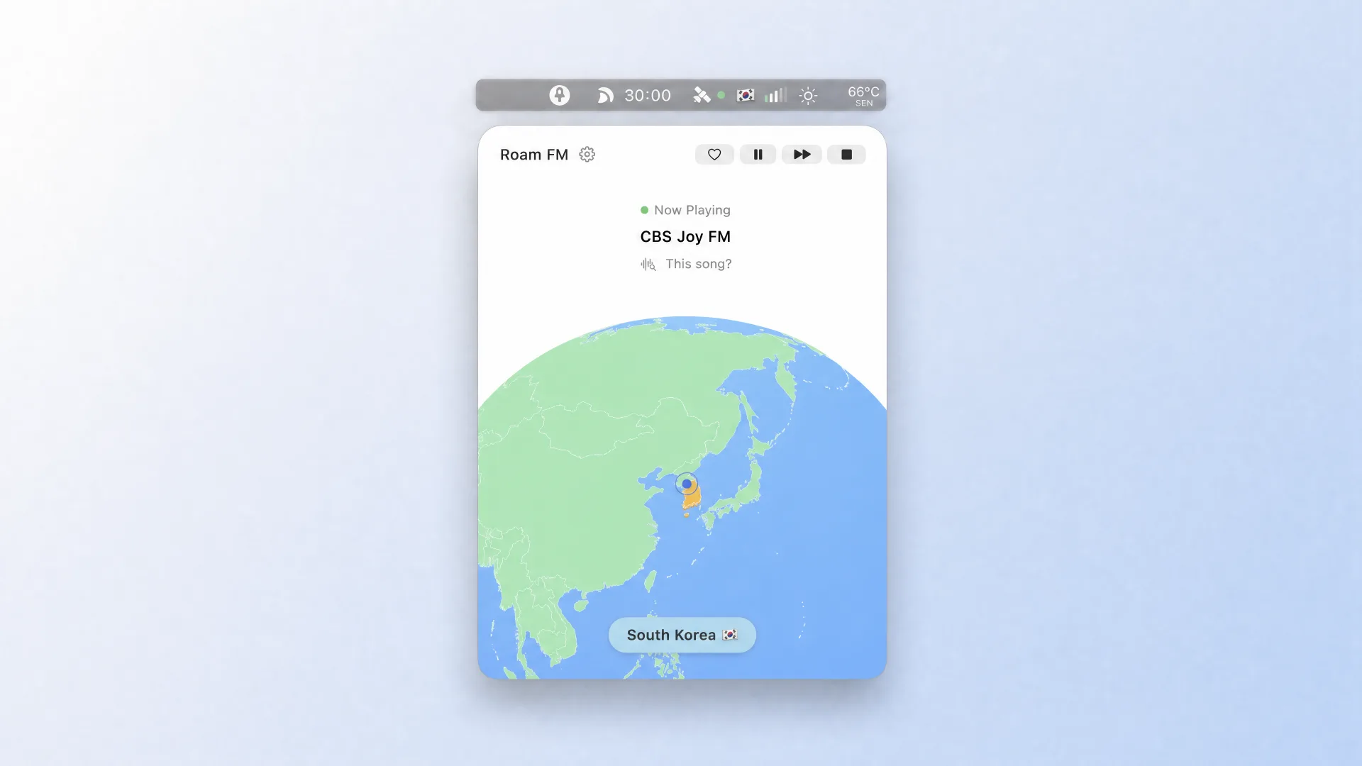 Roam FM map view showing South Korea highlighted with Korean radio stations